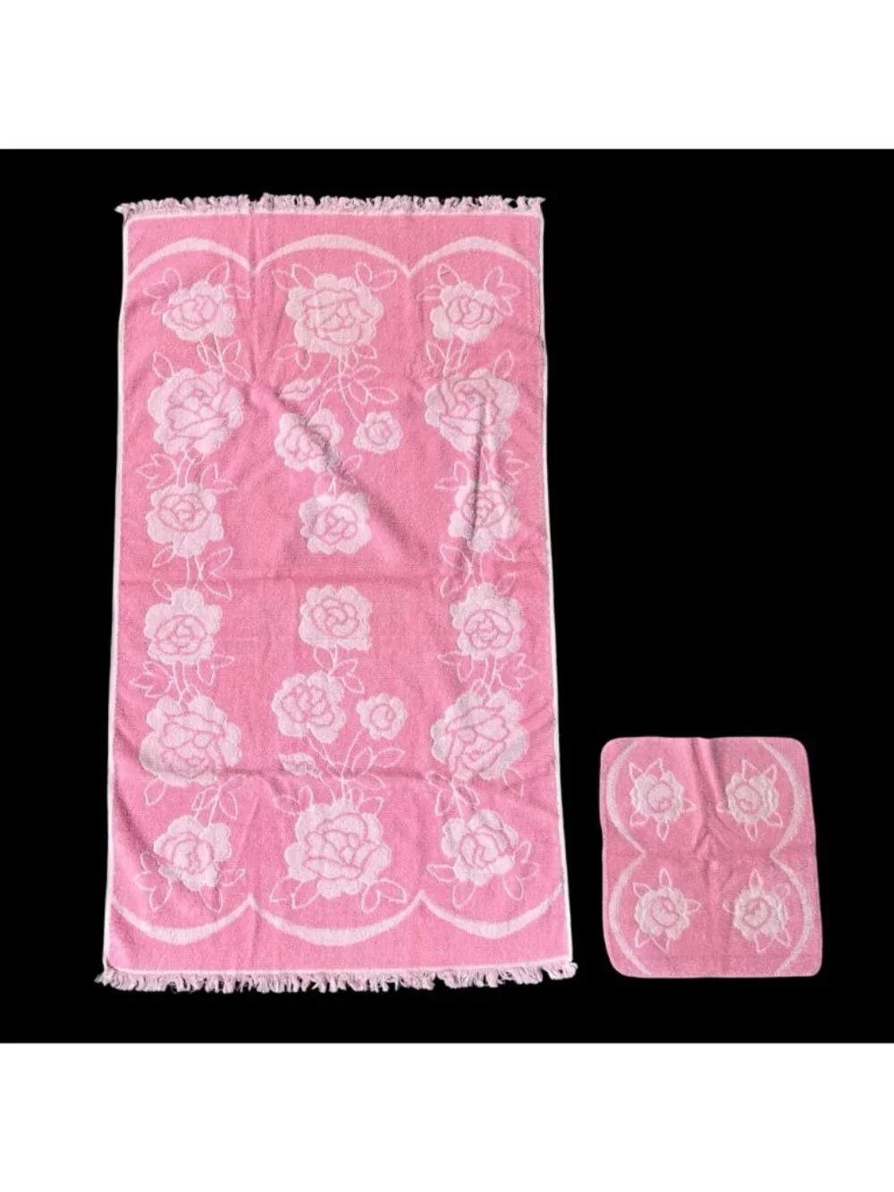 Vintage Bath Towel Washcloth Set Floral Pink Rose Flowers Cottage Romantic Retro
